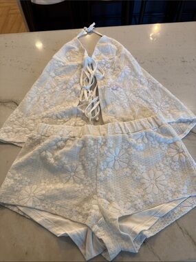 Edikted White Floral Crochet Halter Top and Shorts Set
